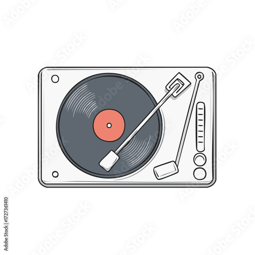 Retro Turntable with Vinyl Record Playing Music Doodle Style Illustration