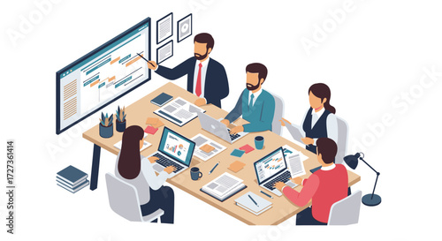 Business meeting illustration; people in business attire, discussing project on a large screen.