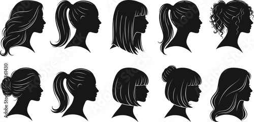 Female hairstyle silhouettes, black profile icons, diverse hair designs, beauty vector illustration, fashion woman heads, elegant haircuts, ponytail, bun, bob styles