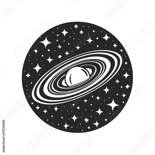 Stylized ringed planet and starfield illustration in a circular design