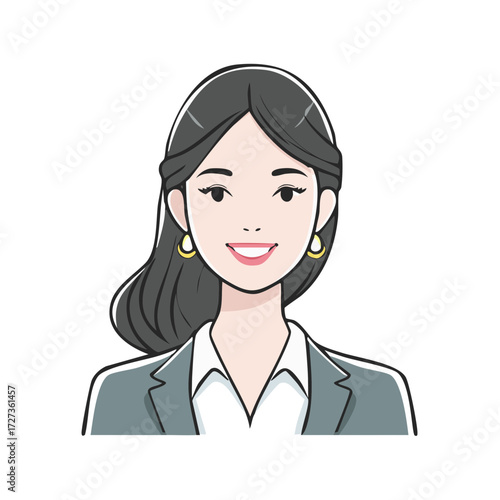 Smiling Businesswoman Illustration in Gray Suit Jacket with Gold Earrings