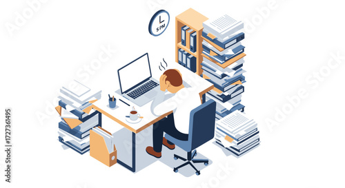 Overworked office worker overwhelmed by stacks of paperwork and a deadline, experiencing stress and burnout at their desk