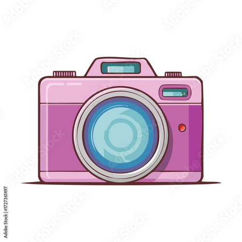 Cute pink digital camera with a large blue lens and silver trim
