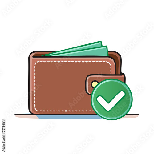Brown leather wallet with green paper money and a green checkmark symbol signifying approval or success