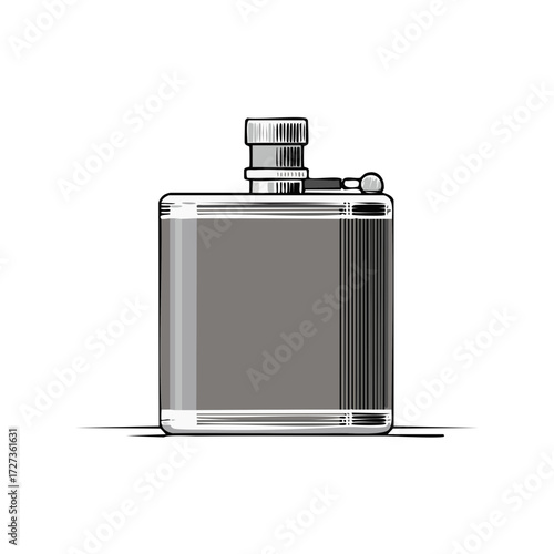 Classic metal flask with decorative etched lines and screw cap for beverages