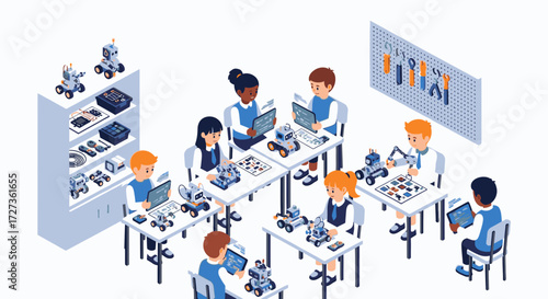 Children in a classroom setting working on robotics projects at their desks with laptops and robot components.