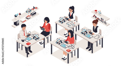 Young students in a modern classroom learning robotics and engineering, programming innovative autonomous machines for a future in technology