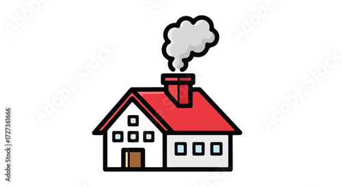 Simple house with a red roof and smoking chimney.