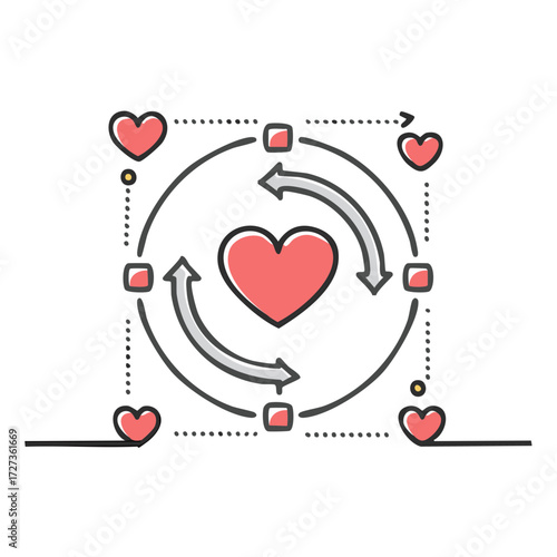 Love Cycle Arrow System with Heart Icons and Square Elements, Renewal Concept, Affection Loop