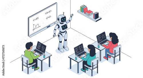 Isometric illustration of a robot teacher instructing students in a classroom setting.