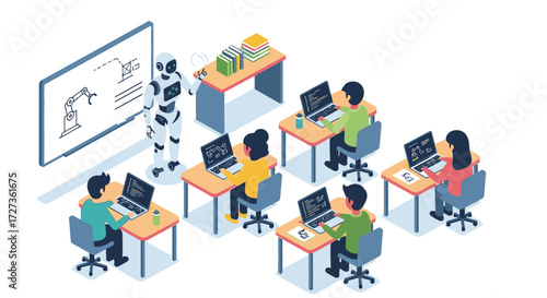 An isometric illustration of a robot teaching a class of students using computers.