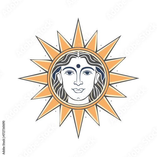 Stylized artwork featuring a radiant sun with a face and celestial symbolism in flat design
