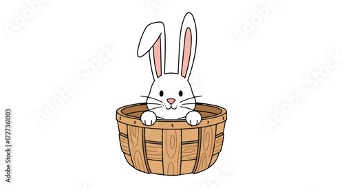 Adorable white bunny rabbit peeking out of a wooden basket with joy.