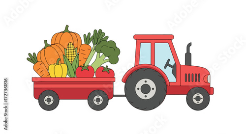 Red farm tractor pulling a trailer full of fresh harvest vegetables.