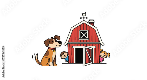 Dog and children playing hide and seek near a red barn.