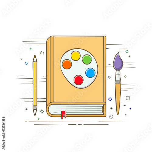 Art supplies including a book with a paint palette, pencil, and paintbrush for creative work