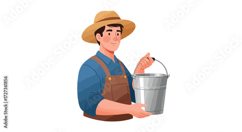 Farmer holding a bucket, wearing a hat and overalls, ready for work on the farm.
