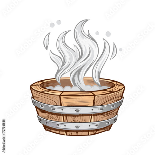 Cartoon Illustration of Steaming Wooden Bucket for Sauna Spa or Hot Tub