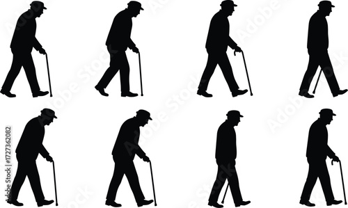 Elderly person silhouette walking with cane, sequence of movement, senior mobility aid, aging biomechanics, rehabilitation, healthcare, physical therapy illustration