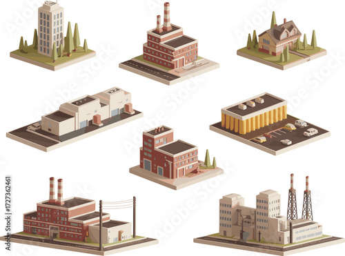Isometric industrial factory network with interconnected plants, smokestacks, and logistics for supply chain, manufacturing, and business infrastructure design visuals.