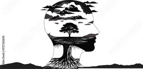 Human head silhouette, nature inside mind, tree roots concept, mental grounding, black and white art, surreal landscape, environmental consciousness, inner growth symbolism
