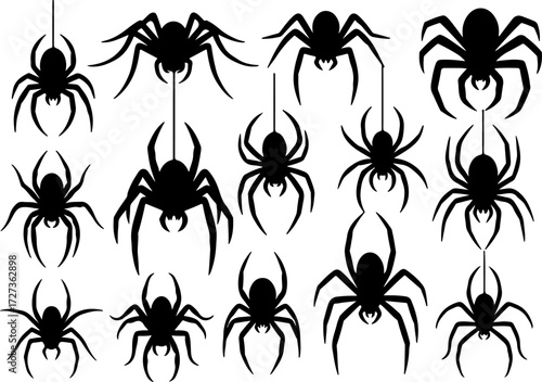 Set of Creepy Spider Silhouettes Hanging on Web Isolated on White Background