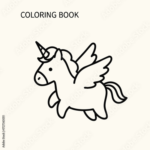 A whimsical winged unicorn prancing joyfully, perfect for a children's coloring book activity.