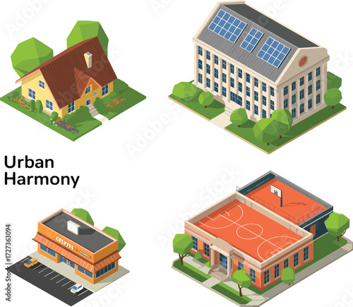 Isometric urban harmony scene with eco home, solar school, coffee shop, and basketball court for smart city, UI, and sustainable design projects.