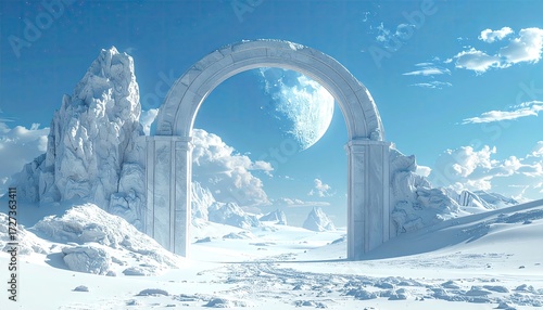 Ethereal Ice Archway in a Frozen Fantasy Landscape with a Giant Moon.