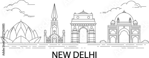 New Delhi skyline line art featuring iconic landmarks like Lotus Temple, India Gate, and Jama Masjid for travel, tourism, and design projects.