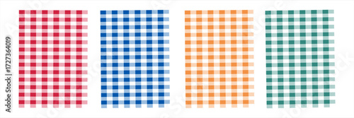 A seamless gingham pattern set. Vichy checkered background in indigo, red, green, pastel peach tones. Solid and hatched squares wallpaper for textiles, fabric design, tablecloth, clothing cover.