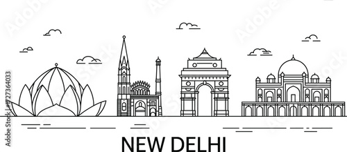 New Delhi skyline line art featuring iconic landmarks like Lotus Temple, India Gate, and Jama Masjid for travel, tourism, and design projects.