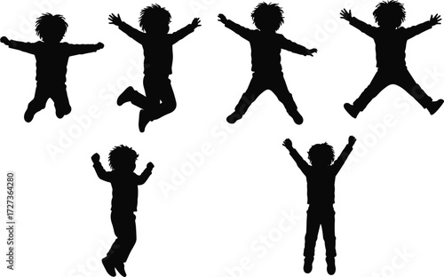 Energetic children silhouettes jumping in playful poses, happy kids group activity, childhood fun, dynamic motion, joyful lifestyle, active youth illustration