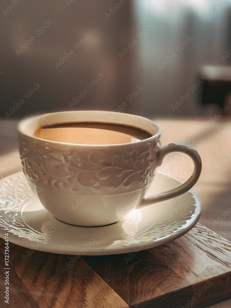 Fototapeta premium Cup of coffee on wooden table still life aesthetic