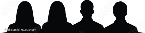 Silhouette people seated, rear view, diverse individuals, black figures, plain background, unity concept, anonymity, diversity, posture variation, hairstyle shapes, minimal design, group sitting