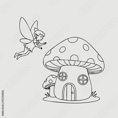 A whimsical fairy flutters above a charming mushroom house nestled in a grassy landscape, capturing magic and wonder.