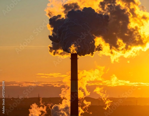 Industrial smokestack emitting dark smoke at sunset