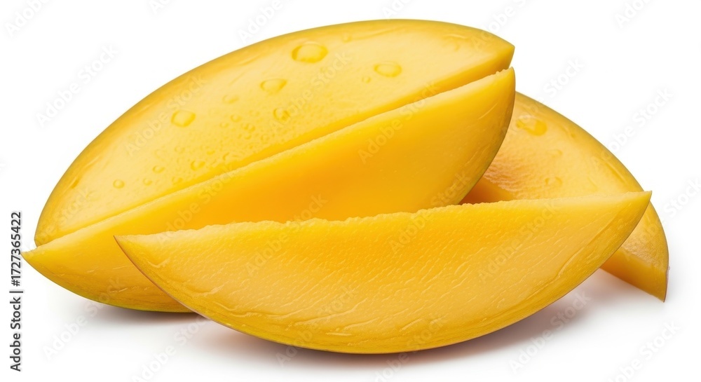 Fototapeta premium Fresh mango slices stacked with vibrant yellow color on white background