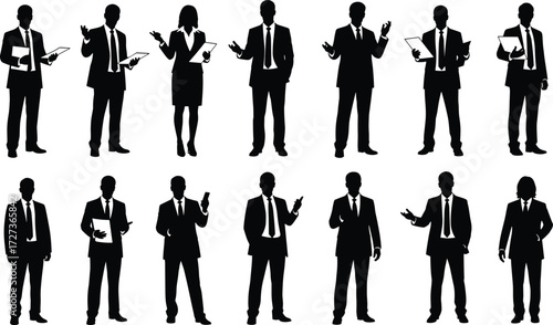 Silhouettes of diverse business professionals, teamwork, leadership, corporate communication, office attire, technology use, workplace dynamics, professional presentation, modern business environment
