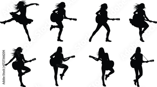 Female guitarist silhouettes dancing and performing live concert with electric guitars, dynamic music band illustration, energetic stage performance, rock star vector art