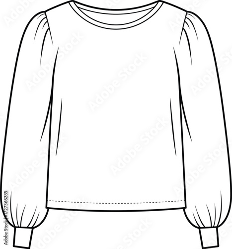 Long sleeve blouse, puff sleeve top, round neck fashion, flat sketch, garment design, clothing vector, cad drawing flat vector illustration
