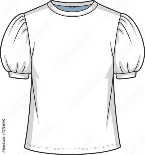 Short sleeve puff blouse technical sketch, round neckline, gathered sleeve, fitted cuff, elegant casual wear garment design,