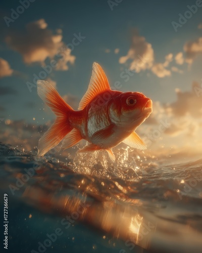 Vibrant Goldfish Leaping Gracefully Above Sunlit Waves Against a Majestic Sunset Sky with Cotton Candy Clouds in Dramatic Capture