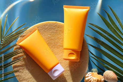 two bright orange cosmetic tubes placed on a round, sand-textured surface, surrounded by tropical palm leaves and seashells