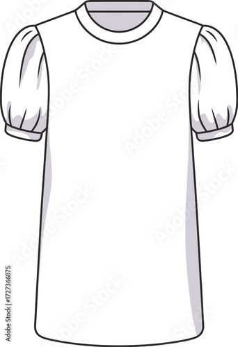 White puff sleeve dress, short sleeve tunic, round neck fashion, minimalist garment, flat sketch, apparel design, cad drawing flat vector illustration