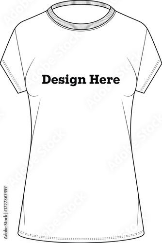 Women's fitted T-shirt technical sketch, round neckline, short sleeve, blank apparel mockup, custom design placeholder, casual wear, cad drawing flat vector illustration