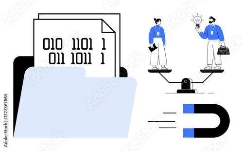 Folder with binary code documents, balanced scale with professionals sharing ideas, and magnet attracting metadata. Ideal for data storage, teamwork, innovation, analysis, strategy, information