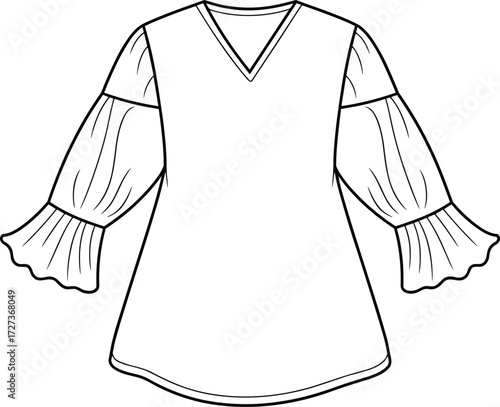 Women's dress technical sketch, puff sleeve, ruffled cuff, V-neckline, curved hem, elegant flowing garment design, cad drawing flat vector illustration