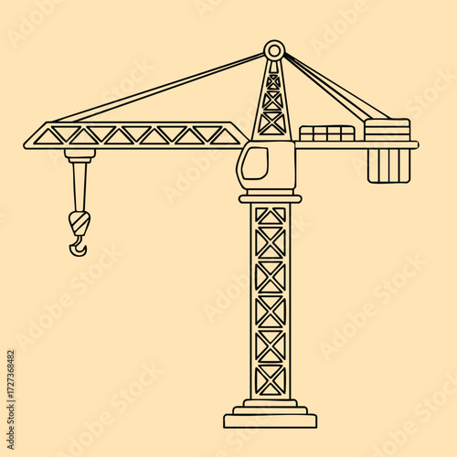 A detailed depiction of a construction crane showcasing its structure and mechanical components against a plain .