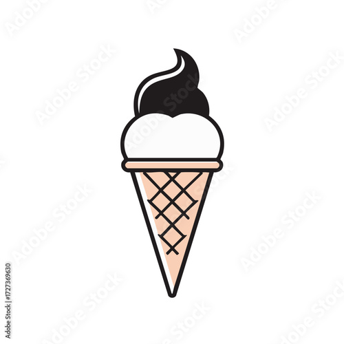 Simple minimalist illustration of a soft serve ice cream cone with a black swirl on top